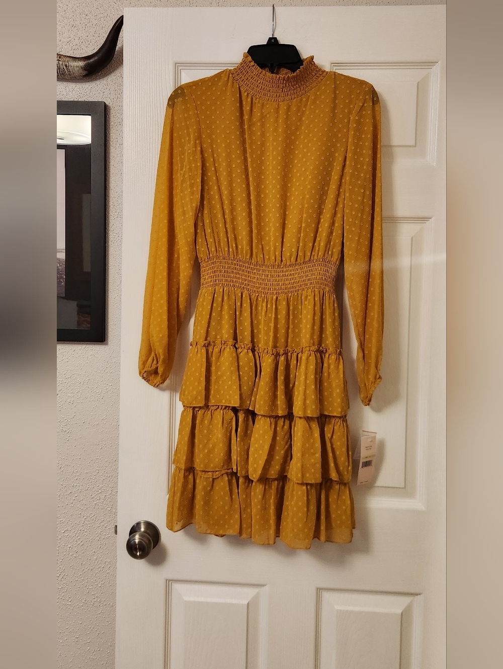 Nanette Lepore Mustard Long-Sleeve Tiered Smocked Dress
